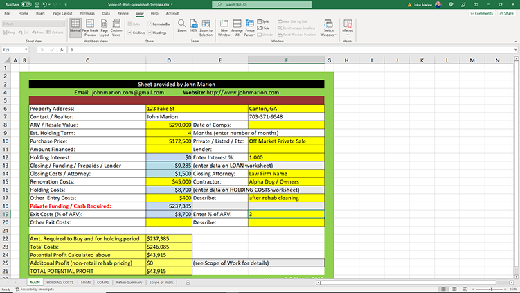 Scope of Work Spreadsheet